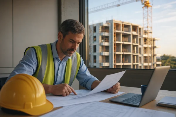 Przedsiębiorca analizuje dokumenty finansowania pomostowego dla firmy przy biurku